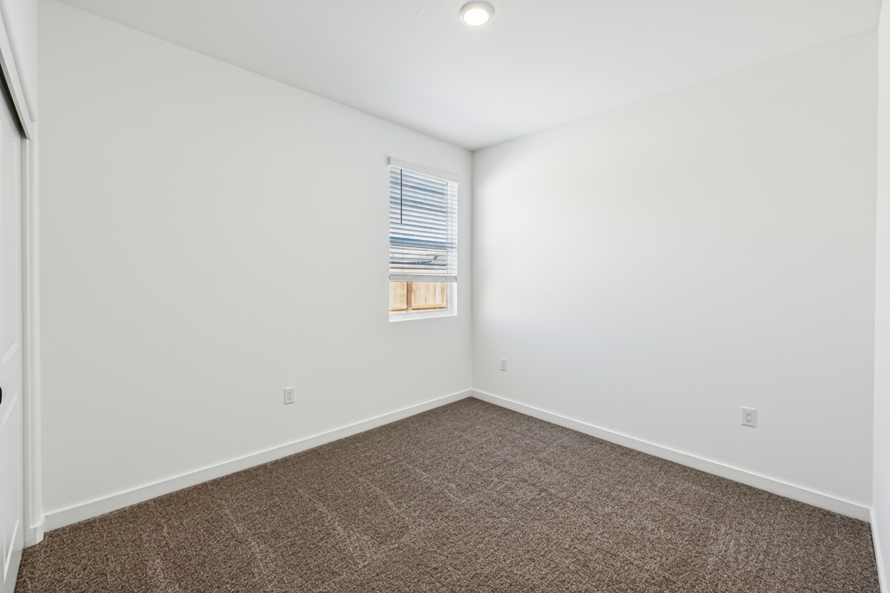 A room with a carpet and a window.