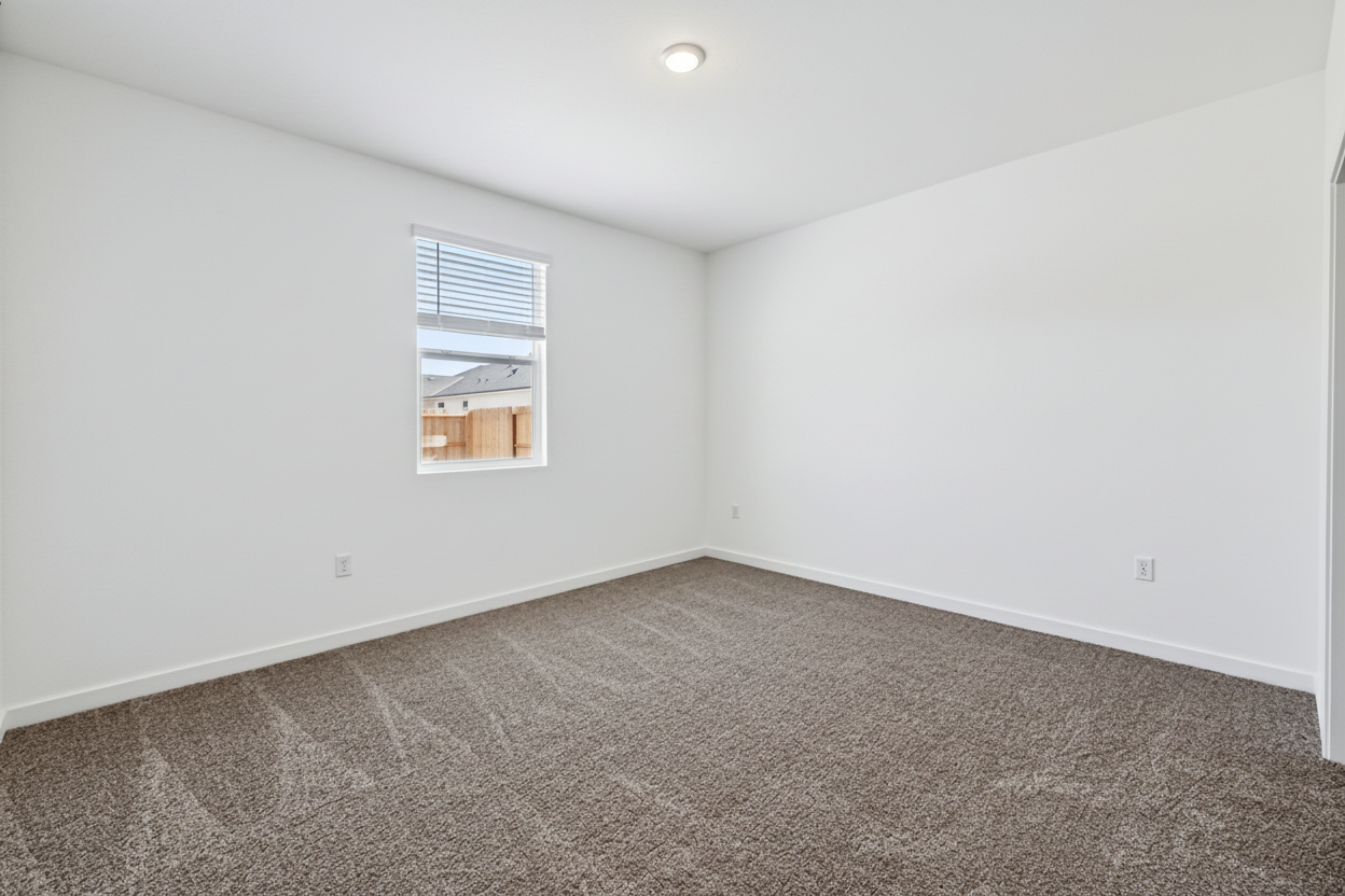 A room with a carpet and a window.