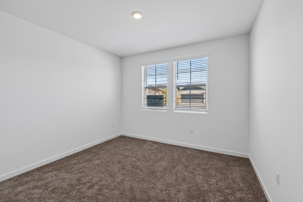 A room with a carpet and windows.