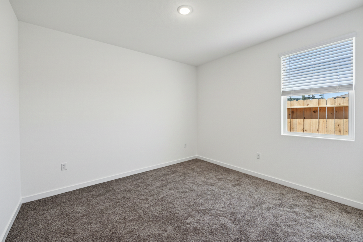 A room with a window and a carpet.