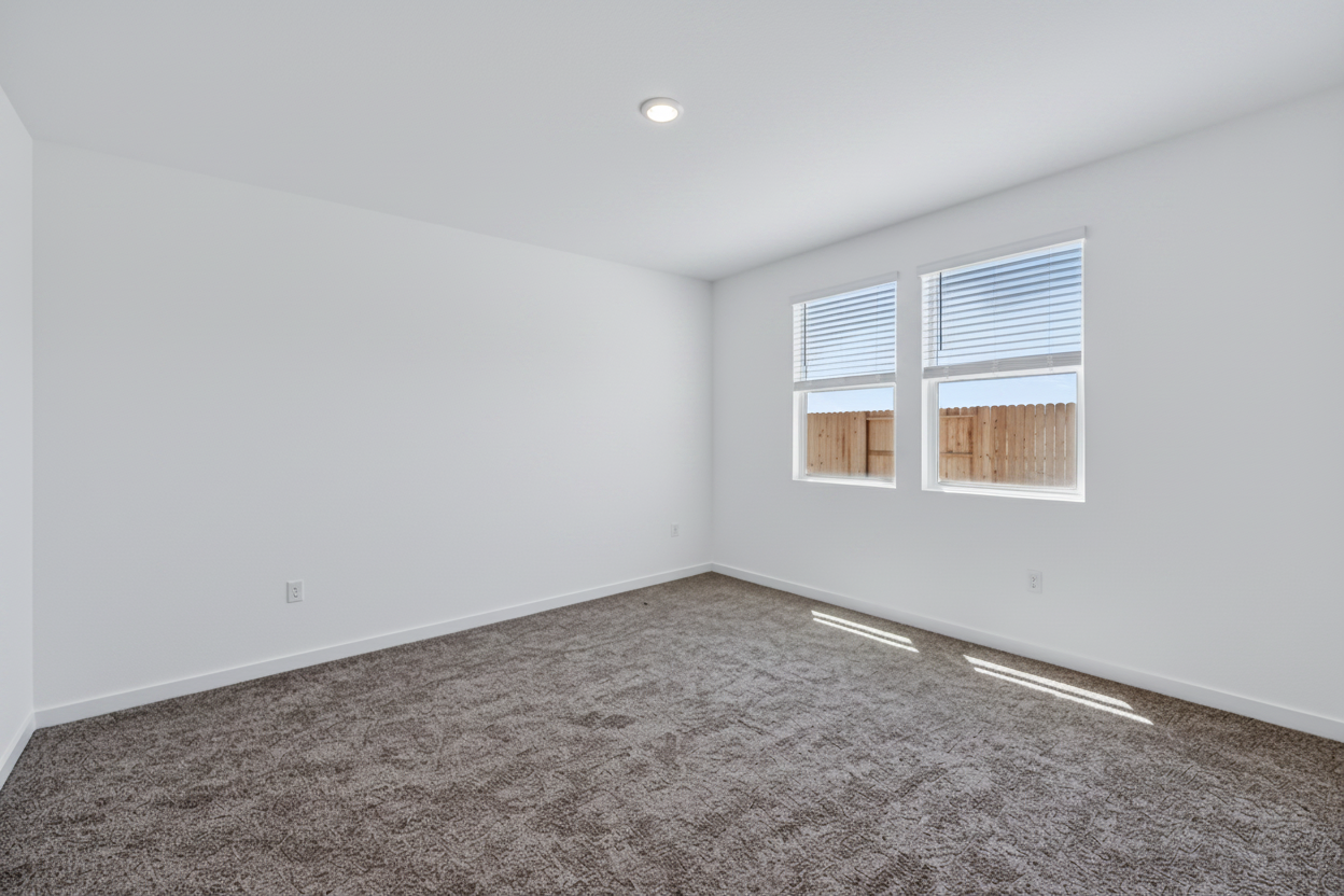 A room with a carpet and windows.