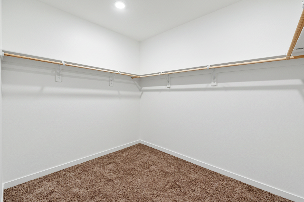 A room with a carpet and a carpet.