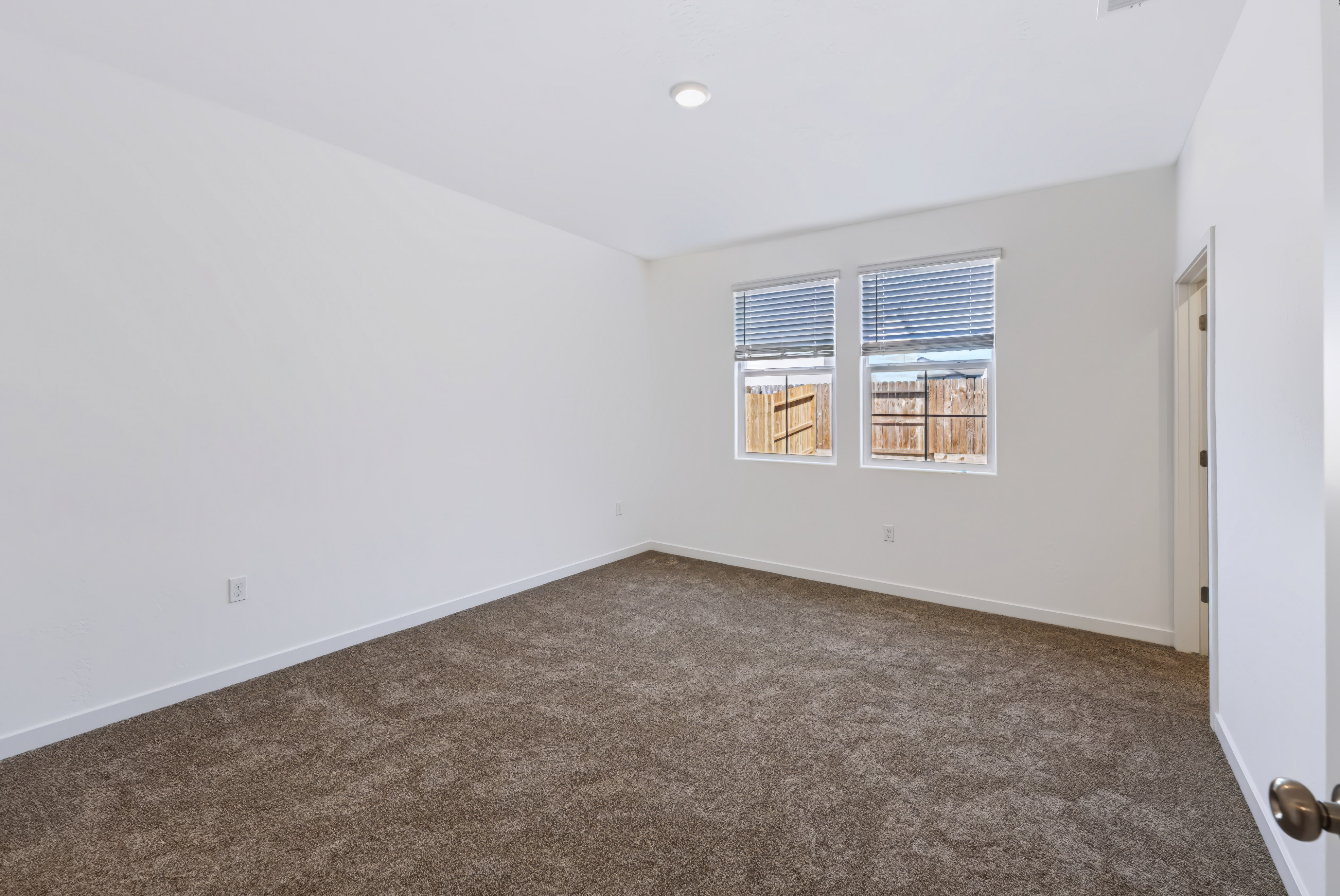 A room with a carpet and windows.