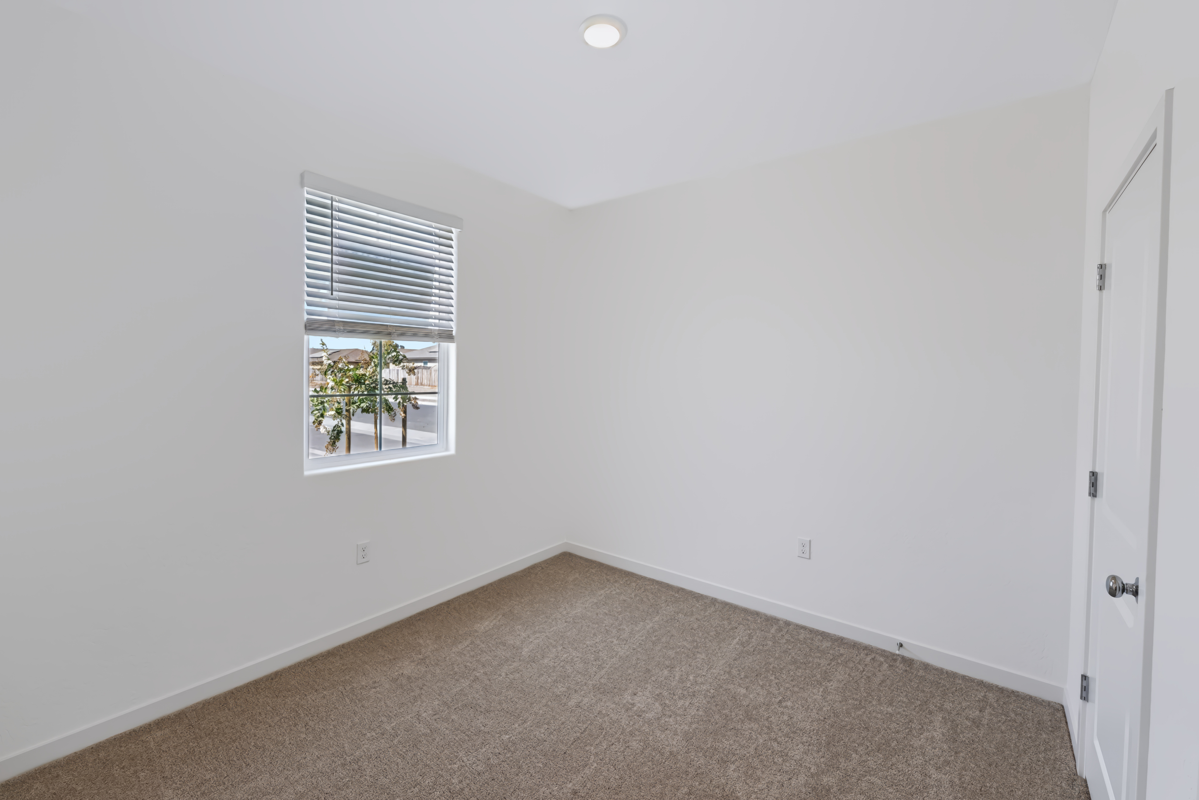 A room with a window and a carpet.