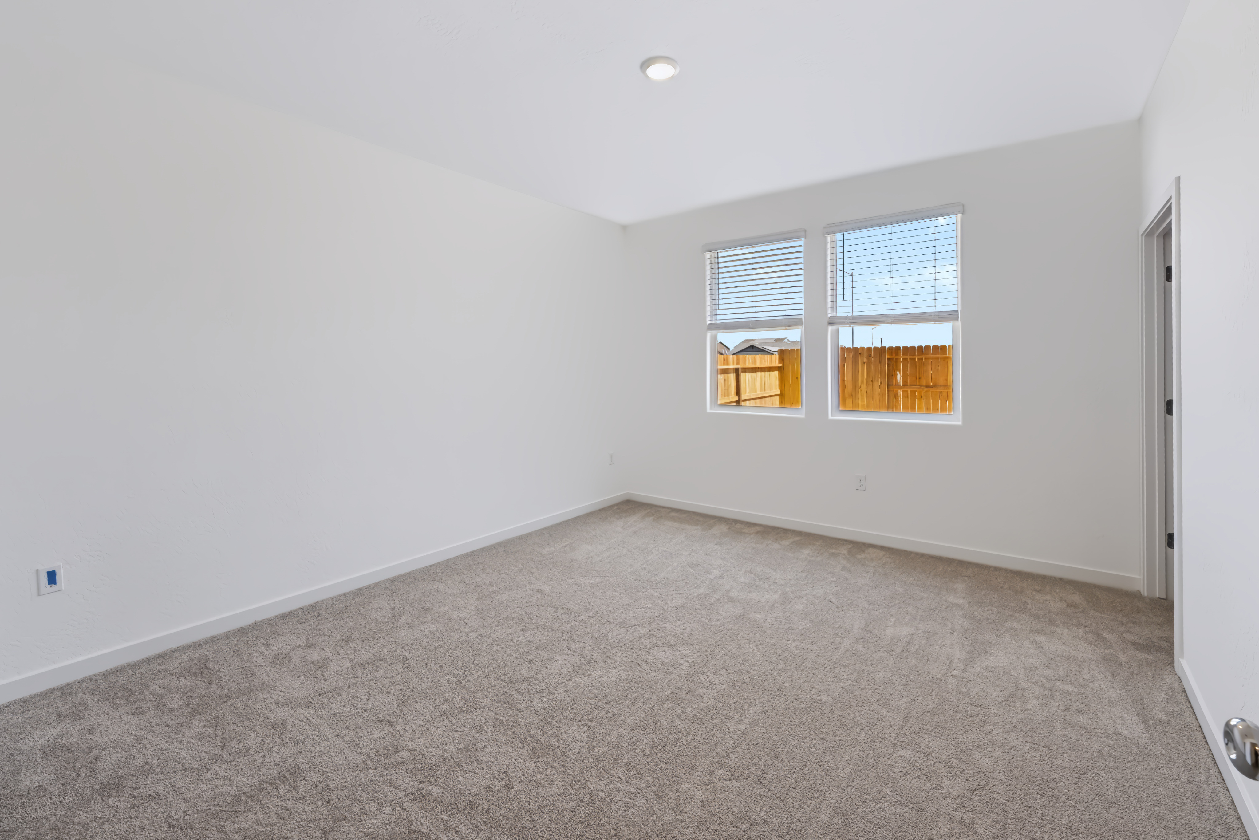 A room with a carpet and windows.