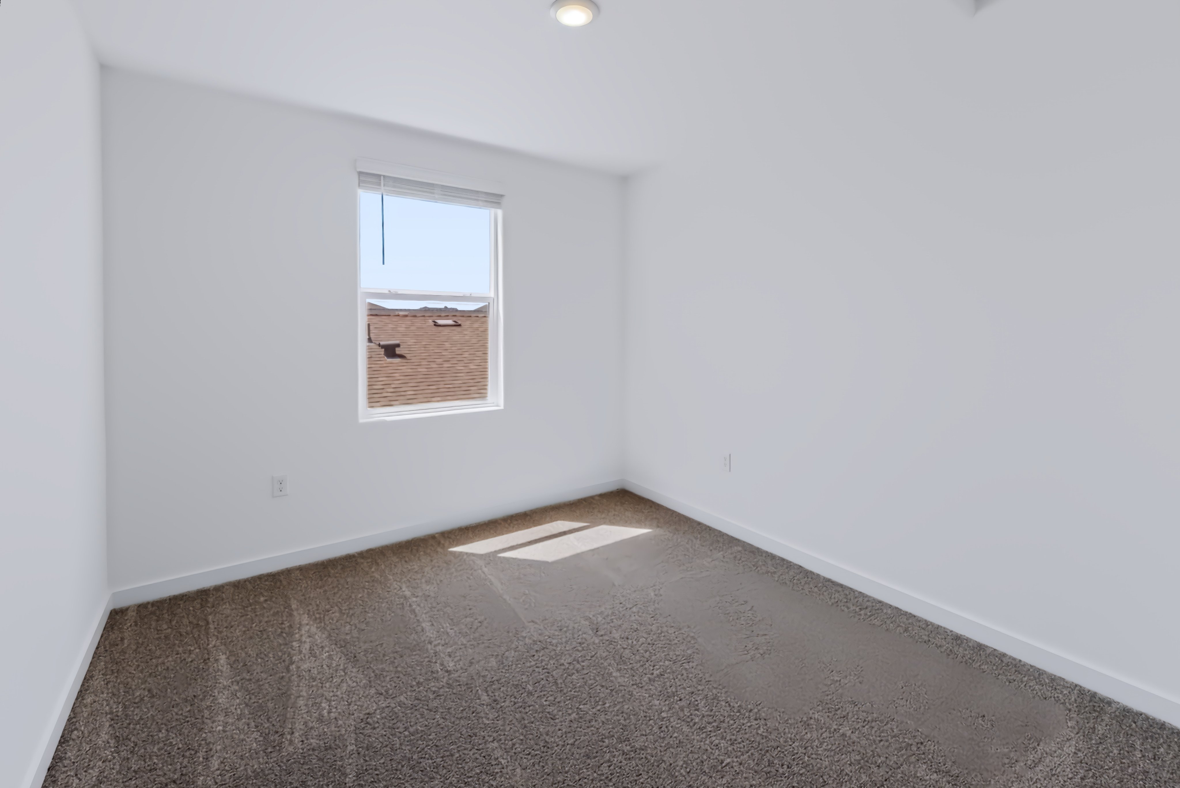 A room with a window and a rug.