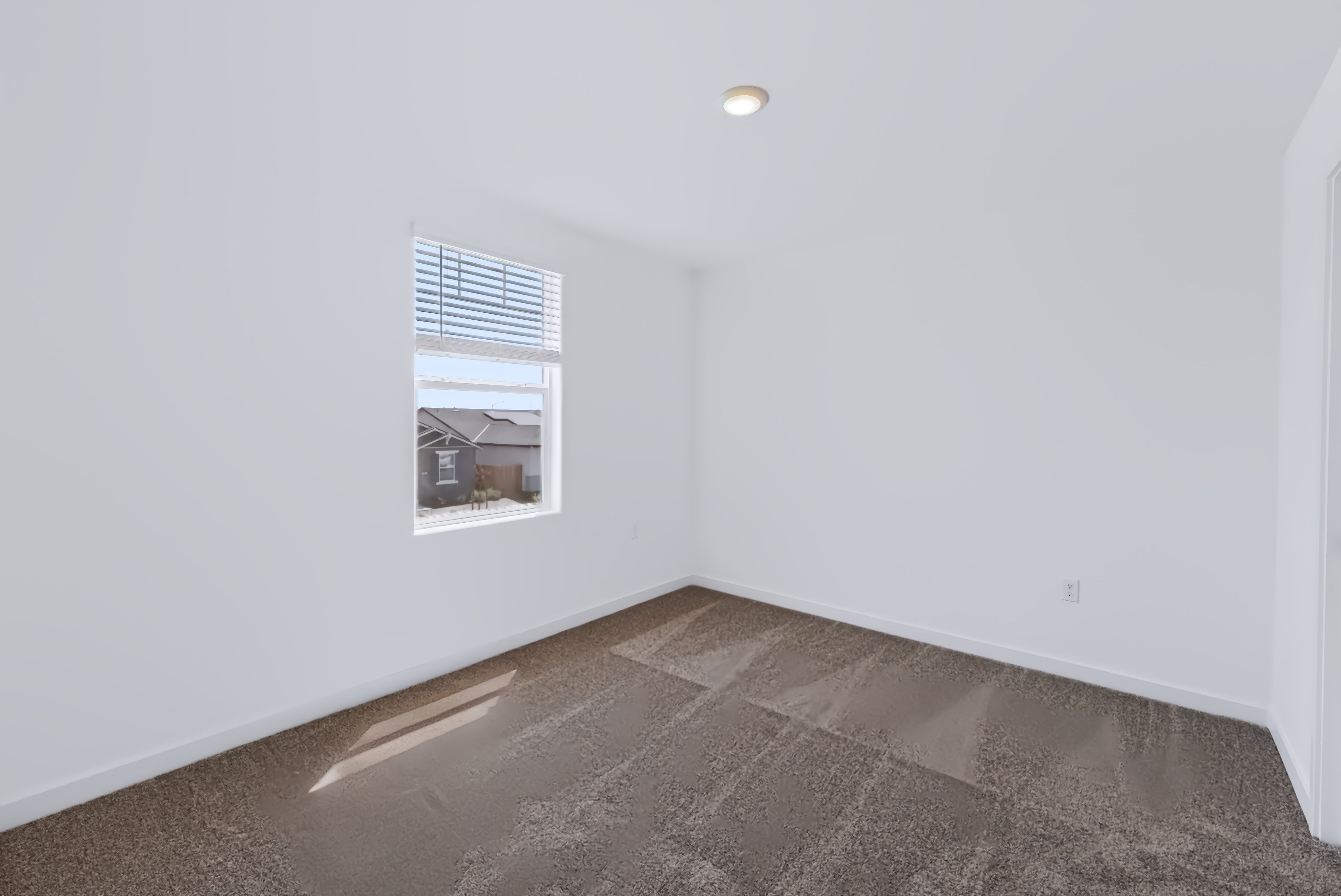A room with a window and a rug.