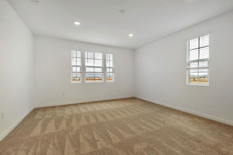 A room with a carpet and windows.