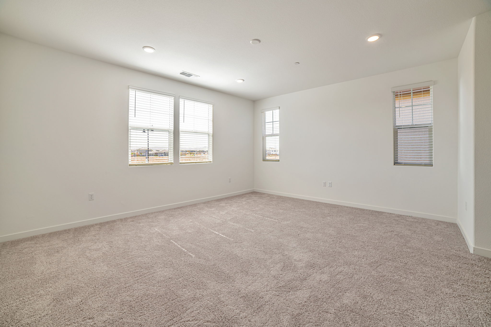 A room with a carpet and windows.