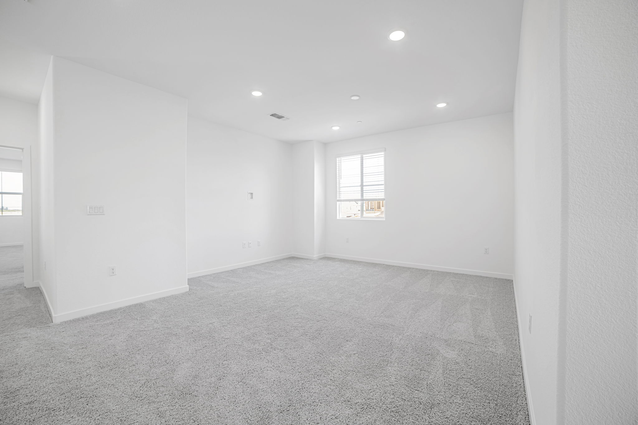 A room with a carpet and windows.